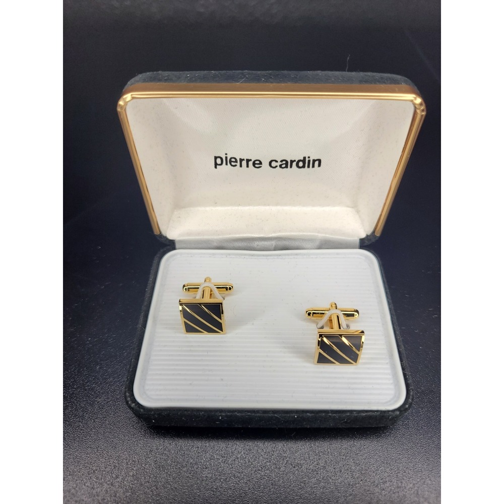 Pierre Cardin Cufflinks Gold Tone Black Diagonal Striped Square Boxed Excellent
